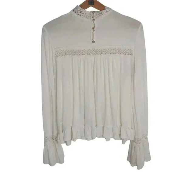 Eri + Ali White High Neck Flowy Peasant Blouse Lace Cottagecore Coquette Size M - Picture 3 of 9